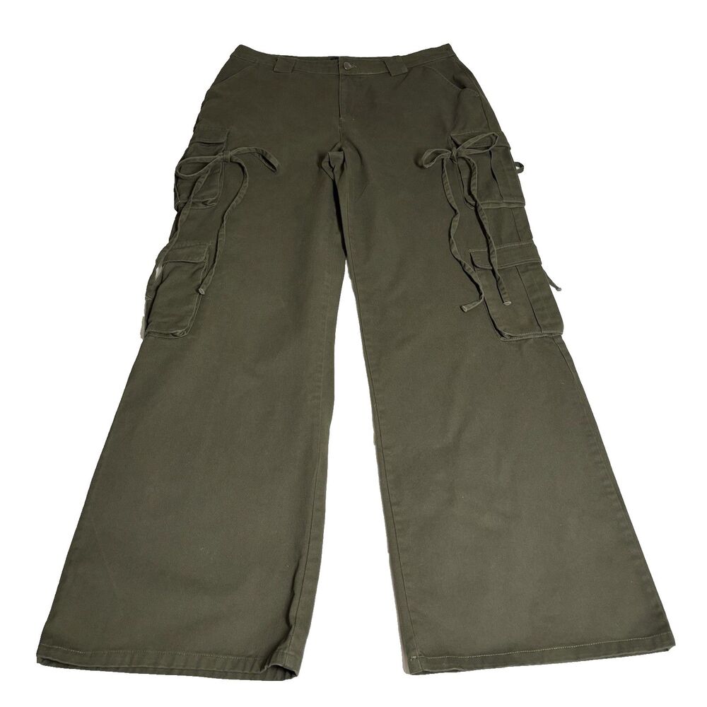 Fashion Nova Olive Green Wide Leg Side Tie Multi Pocket Cargo Pants 1X Y2K  Alt